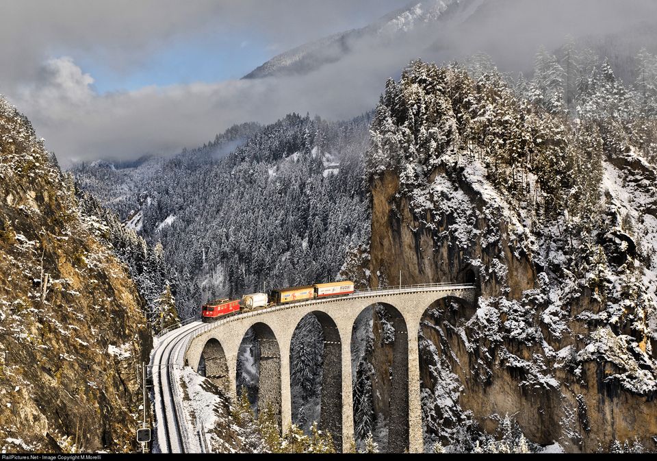 Cargo train on the Landwasser Viaduct